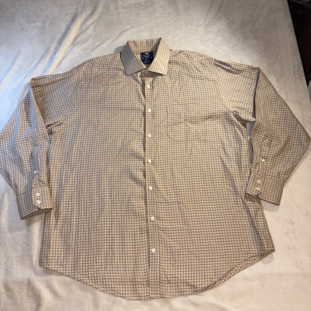 Hawes & Curtis Mens 17 36 Ludlow Heritage Dress Shirt Tan Blue Check Cotton